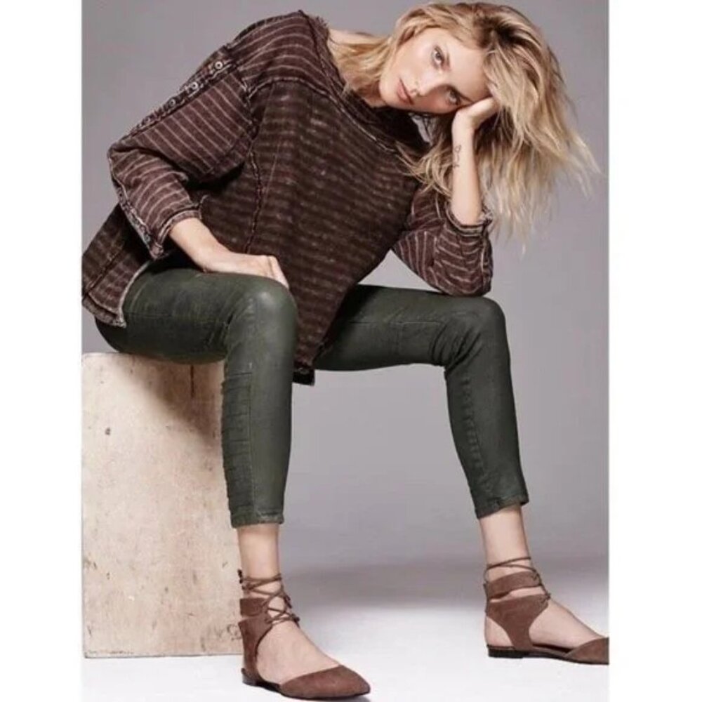 Free People‎ Jillian Moto Seam Detail Skinny Jeans Olive Army Green Size 27